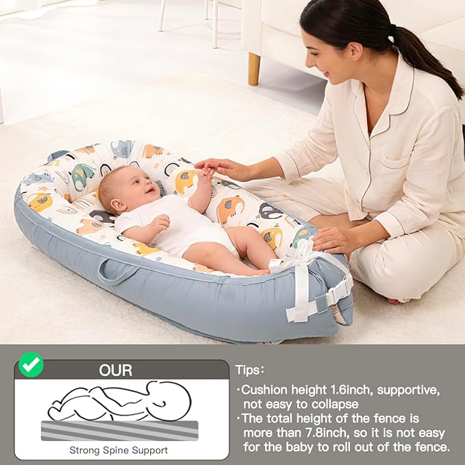 Organic Cotton Baby Support Cushion –Infant Support Cushion Reversible, Portable, Soft & Breathable with Washable Cover | Perfect for Awake-Time Use Only - Big Elephant
