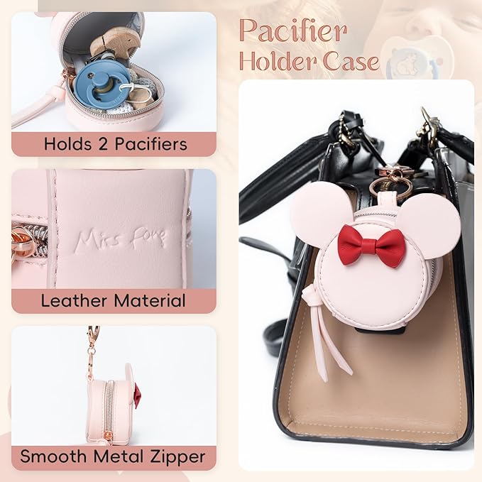 Miss Fong Pacifier Case with Clip, Holder Pouch Cover, Charm Pod with Clasp, Holds 2 Pacifiers or Nipple Shields (Bow Pink)