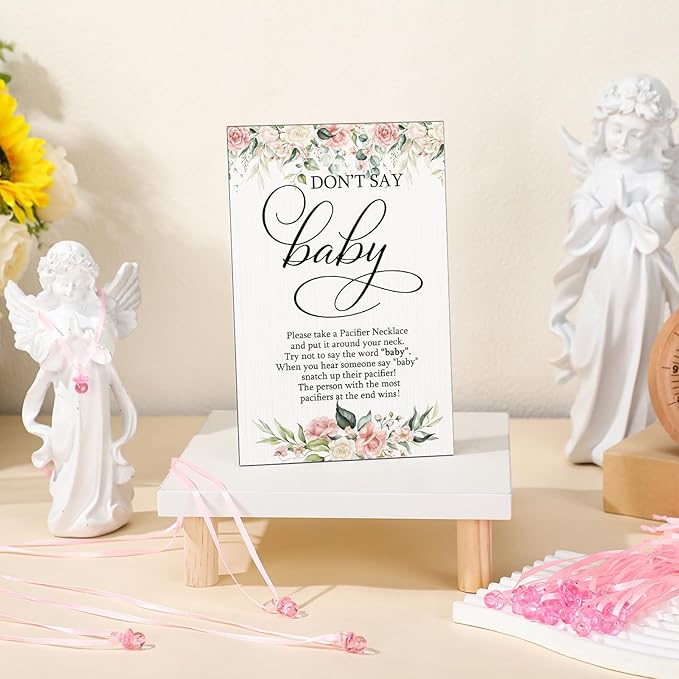 Geetery 51 Pcs Don't Say Baby Game Sign Cool Baby Shower Game 50 Pacifier Necklace Wooden Don't Say Sign Plastic Pacifier Party Favor for Gender Reveal(Floral,Pink)