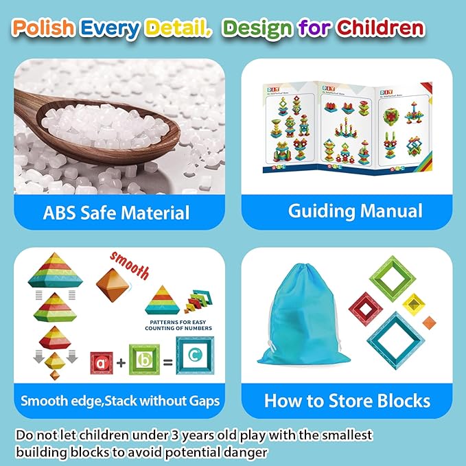 48 PCS Building Block Stacking Toys Kids 3 4 5 6 Year Old, Educational STEM Toys for Boys Girls, Developmental Learning Sensory Gifts for Birthdays