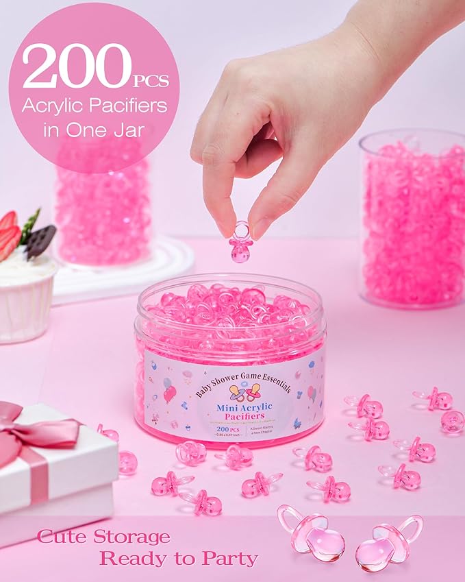 200 Pcs Mini Pacifiers Baby Shower Games, 0.86'' Acrylic Pacifiers in Clear Jar, Chupones para Baby Shower Pacifier for Party Favors, Table Scatter, Gender Reveal Decoration DIY Craft(Pink)