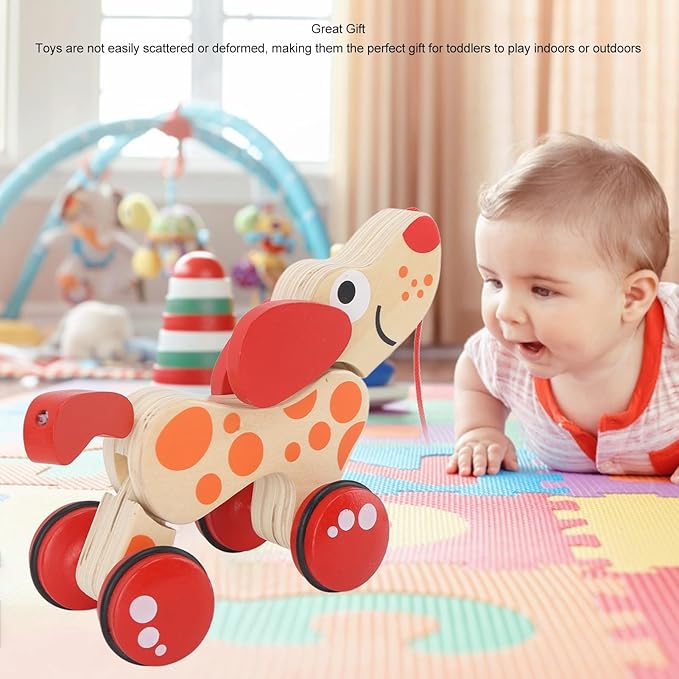 Push Pull Toy Puppy, Wooden Puppy Walk Along Toy Pine Push Pull for Toddlers Sturdy Balance, Wooden Hound Dog Walk A Long Puppy Wooden Pull Toy for Walking Toddlers (Type 1)