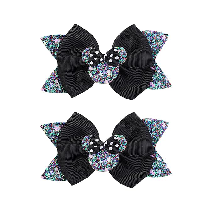 4 Inch Cute Mouse Ears Sequins Bows Hair Clips For Baby Girls, Toddler, Kids and Young Women Birthday Party Wedding Christmas Occasions Set of 2 (B- Black)