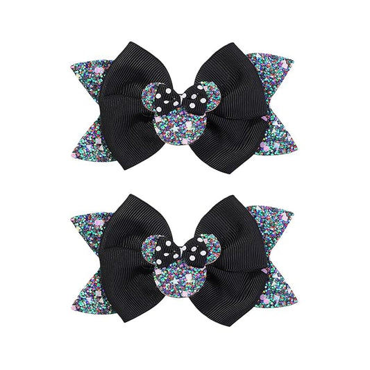 4 Inch Cute Mouse Ears Sequins Bows Hair Clips For Baby Girls, Toddler, Kids and Young Women Birthday Party Wedding Christmas Occasions Set of 2 (B- Black)