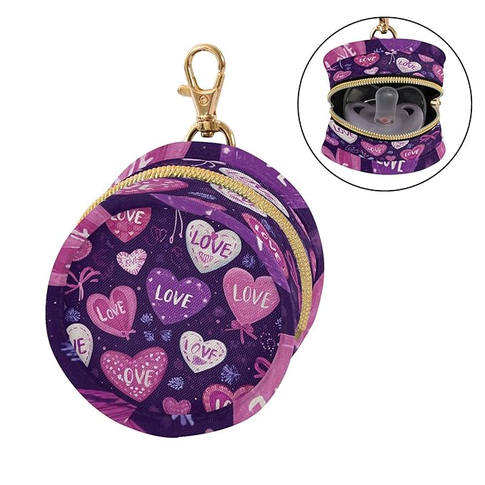 Pacifier Holder with Clip Pacifier Case for Diaper Bag Round Baby Pacifier Pouch Box Bag Portable Valentine Purple Love Heart Bows