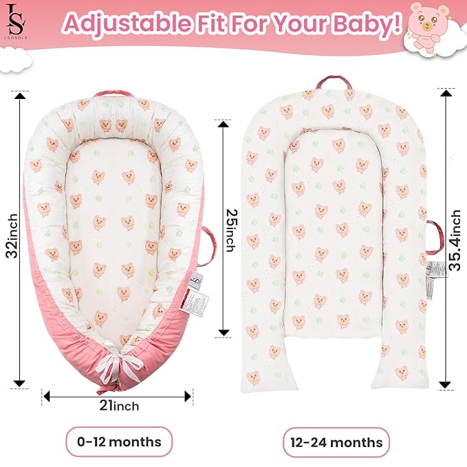 Baby Lounger for Newborn 0-24 Months – Ultra Soft Organic Cotton Infant Lounger – Reversible, Adjustable & Portable Baby Nest for Home & Travel – Soft, Breathable, Washable Cover by Leosole