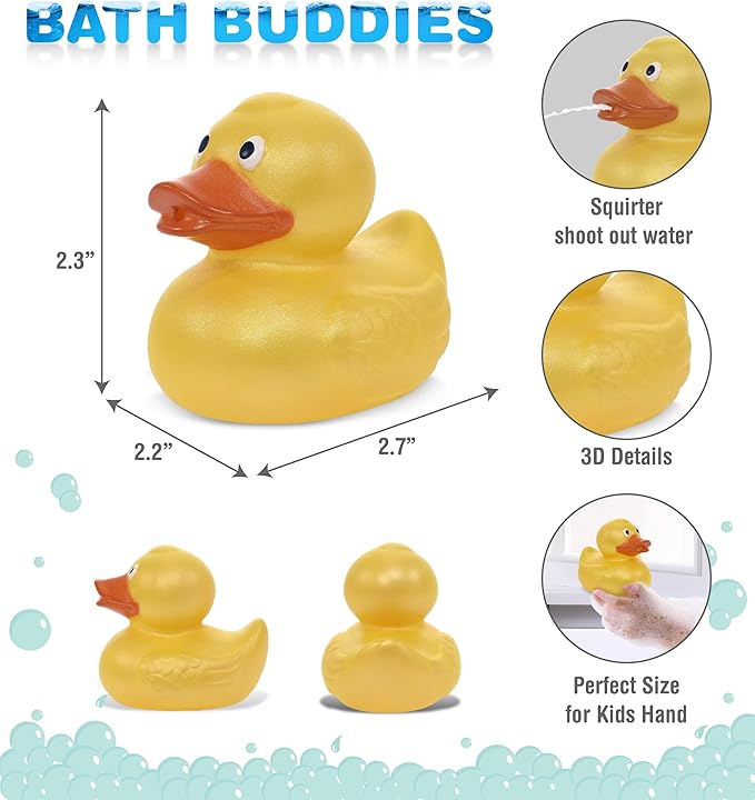 DolliBu Metallic Yellow Duck Bath Buddy Squirter - Floating Yellow Duck Rubber Bath Toy, Fun Water Squirting Bath Time Play for Toddlers, Animal Toy for Bathtub, Beach, and Pool for Girls and Boys