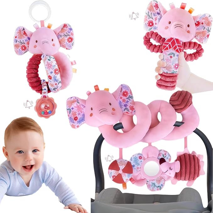 Baby Toys 0-6-12 Months Spiral Car Seat Toy, Infant Stroller Hanging Rattle Stuffed Animal Newborn Girl Boy Gift Easter Basket Stuffers Mirror Pink Elephant 3PCS