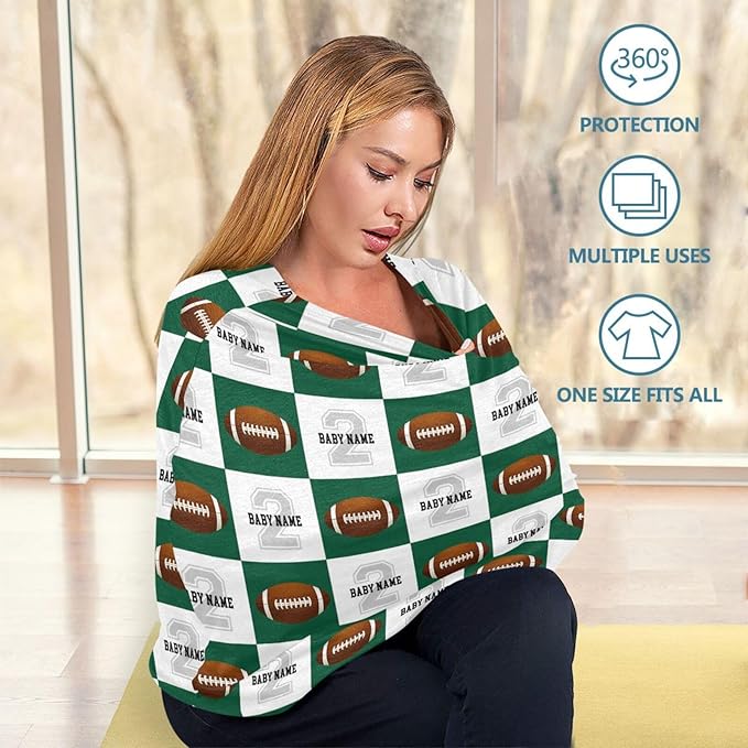 Personalized Baby Car Seat Cover for Babies, Custom Name Baby Car Seats Canopy for Boys Girls, Football Green Nursing Breastfeeding Stroller Covers for Infant Newborn, Shower Gift for Baby