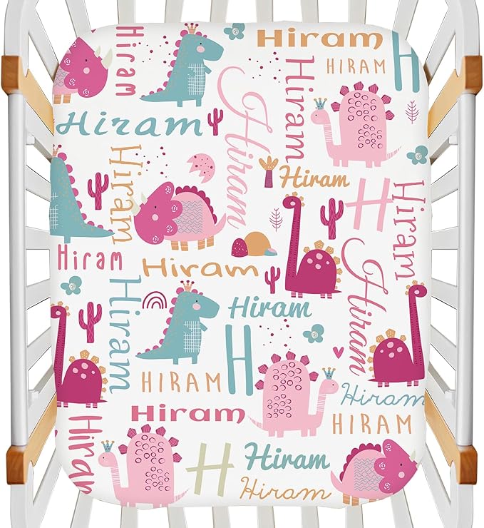 Personalized Pink Dinosaur Pack and Play Sheets for Baby Girls Boys, Custom Mini Crib Fitted Sheet with Name, Customized Name Multiuse Sheets for Pack & Play, Playard, Playpen, Mini Crib Mattress