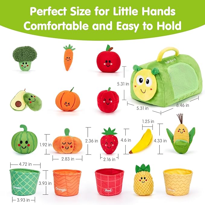 hahaland Montessori Toys for 1 Year Old - 17 PCS My First Fruit Vegetable Sensory Toys Color Sorting Plush Play Food with Caterpillar Storage Bag, 6 9 Month Old Baby Toys 6-12 Months One Year Old Gift