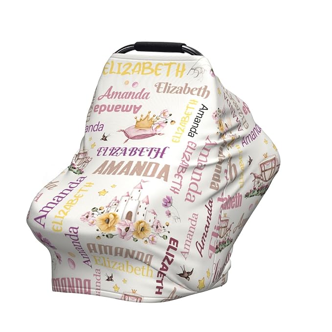 Personalized Baby Car Seat Cover for Girls, Custom Crown Castles Nursing Covers for Breastfeeding with Name, Infant Stroller Cover, Baby Carseat Canopy for Newborn, Multiuse Car Seat Canopies