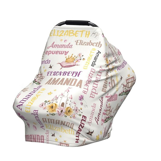 Personalized Baby Car Seat Cover for Girls, Custom Crown Castles Nursing Covers for Breastfeeding with Name, Infant Stroller Cover, Baby Carseat Canopy for Newborn, Multiuse Car Seat Canopies