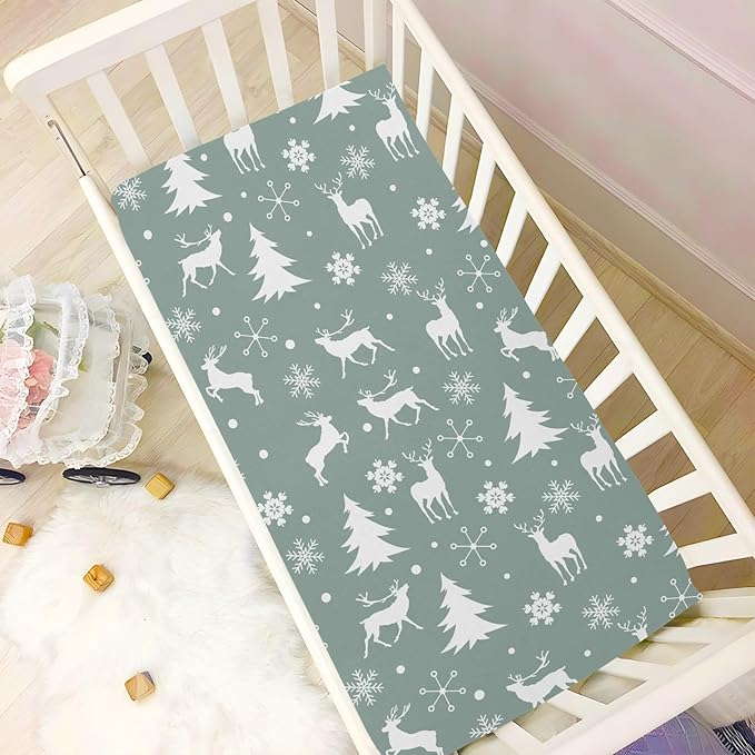Fitted Crib Sheets Christmas Xmas Deer Snowflake Stretchy Portable Playard Sheets for Baby Toddler, Breathable Soft Mini Crib Mattress 52 x 28 in for Boys and Girls