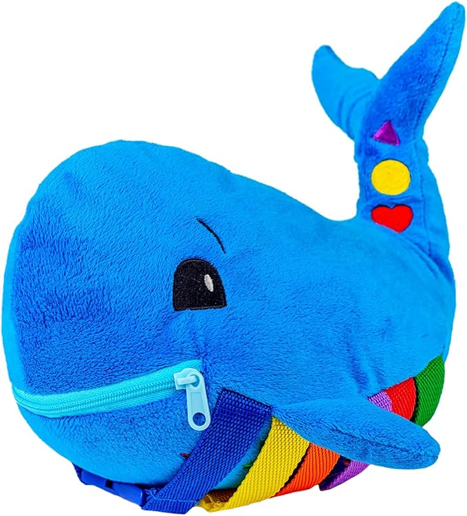 Buckle Toys - Blu Whale - Develop Motor Skills and Problem Solving - Counting and Color Recognition - Easy Travel Toy - Learning Material - Pre K Activity Stuffed Animal