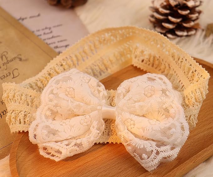 Lace Flower Bow-knot Baby Girls Headband Birthday Infant Wrap Elastic Baby Turban Hairband for Newborn Infant Toddler Kids (White)
