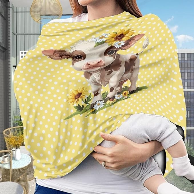 Wanyint Cute Cow Yellow Polka Dot Car Seat Covers for Boys Girls, Nursing Cover Carseat Canopy, Baby Breastfeeding Cover, Multi Use Nursing Scarf, Infant Stroller Cover