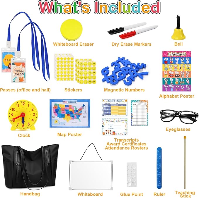 Alritz Pretend Play Teacher Set - Classroom Learning Education Includes Reusable White Board Bell Clock and More, Be Teacher Student, Gift for Boys Girls 5 6 7 8 9 10 11 12 +Years Old