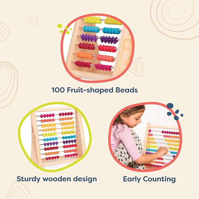 B. toys – Fruity! Wooden Abacus for Kids Classic Math Learning Toy with 100 Beads Educational for Addition, Subtraction Numbers & Counting 18+ Months