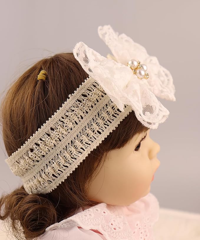 Lace Flower Bow-knot Baby Girls Headband Birthday Infant Wrap Elastic Baby Turban Hairband for Newborn Infant Toddler Kids (White pearl)