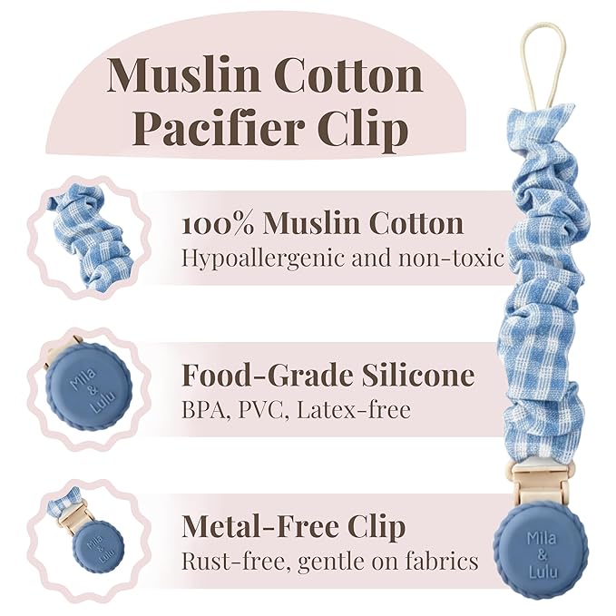 Muslin Cotton - Metal-Free Pacifier Clips, Lightweight and Secure Pacifier Holder for Babies (Ocean Bleu) - Mila & Lulu