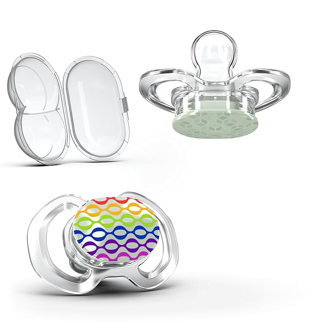 Smilo Baby Pacifier - 2 Pack of Slimline Pacifiers for Babies with Sterilization Box - Stage 1 for Babies 0-3 Months - 100% Silicone Newborn Pacifiers BPA Free - Glow in The Dark