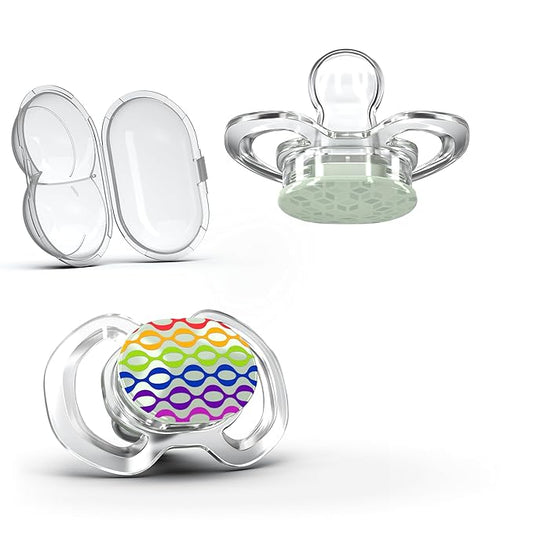 Smilo Baby Pacifier - 2 Pack of Slimline Pacifiers for Babies with Sterilization Box - Stage 1 for Babies 0-3 Months - 100% Silicone Newborn Pacifiers BPA Free - Glow in The Dark