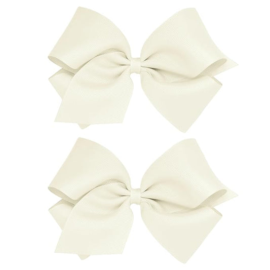 Wee Ones Girls 2 Pack Grosgrain Hair Bows with Plain Wrap Centre on a Wee Stay No Slip Clip, King, Antique White