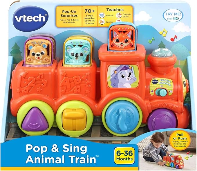 VTech Pop & Sing Animal Train | Push & Pull Toy Train with Animal Sounds & Music | Suitable for Ages 6-36 Months, English Version