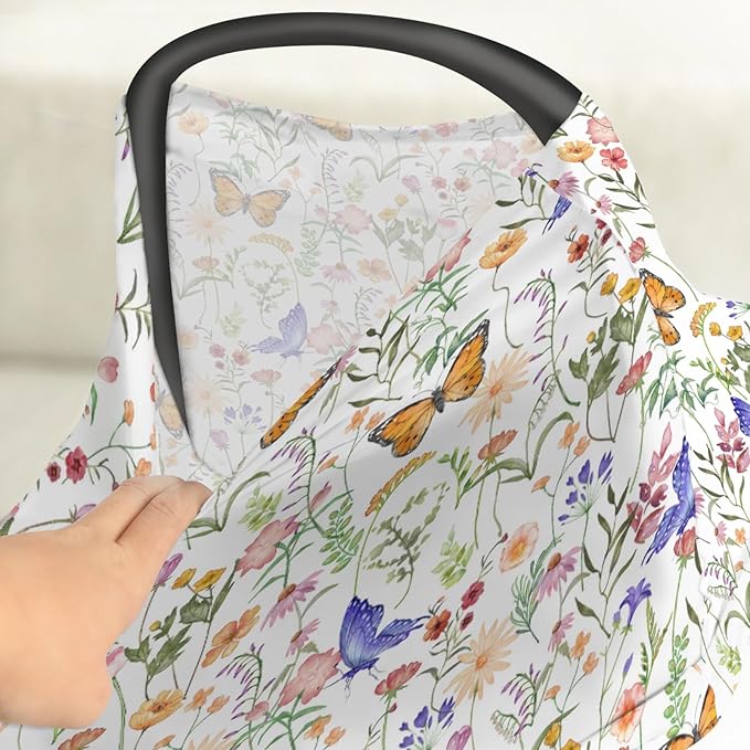 Vintage Wildflowers Butterflies Car Seat Cover for Babies Colorful Spring Blossoms Stretchy 5-in-1 Cover Adjustable Infant Carseat Canopy Cover Retro Wild Plant Breathable Nursing Cover-Up