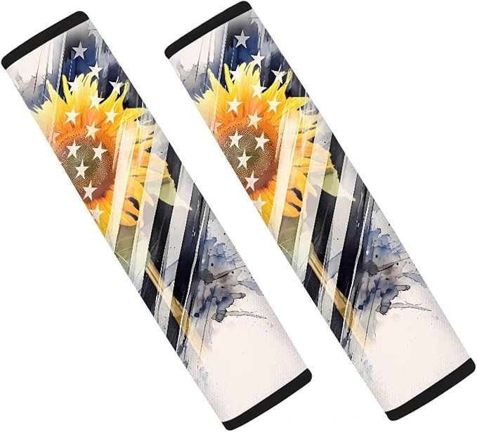 Sunflower American Flag Print Car Belt Strap Cover Independence Day Shoulder Pad 2Pcs Car Seat Belt Strap Cover Watercolor Sunflowers Auto Accessories Polyester Covers