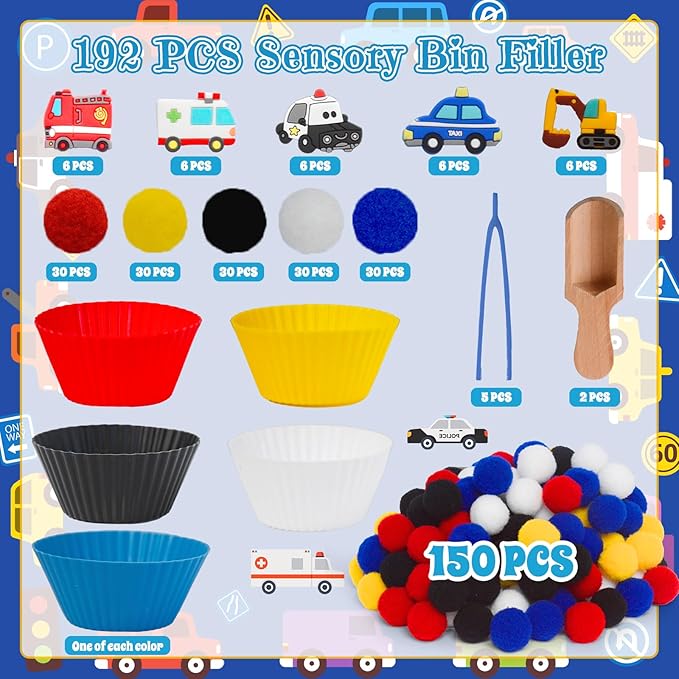192pcs Cars Sensory Bin Filler Fine Motor Toys Transportation Toys Sensory Bin Items Toy Ambulance Fire Engine Police Car Excavator Taxi for Preschool Education Activities