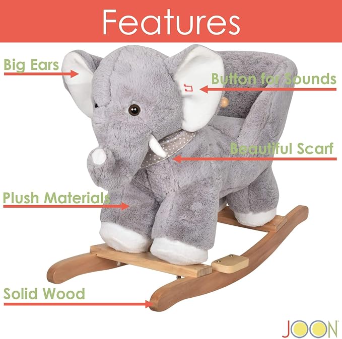 JOON Olli Ride-On Rocking Horse Elephant with Polkadot Scarf, Great for Childhood Development, Soft Materials Wooden Construction, Fun Musical Sounds, for Boys or Girls 1-3 Years Old, Gray-White