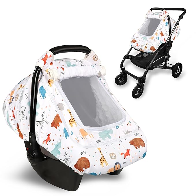 Baby Car Seat Cover for Boys, Infant CarSeat Covers with Mesh Man Fai Sky, Multi-Functional Newborn Canopy Breathable for Summer Winter, Windproof & Universal Fit, Animal