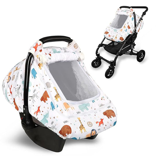 Baby Car Seat Cover for Boys, Infant CarSeat Covers with Mesh Man Fai Sky, Multi-Functional Newborn Canopy Breathable for Summer Winter, Windproof & Universal Fit, Animal