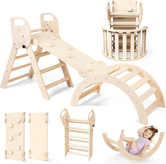 Pikler Triangle Set Foldable Wooden Toddler Climbing Toys Indoor, Playground Jungle Gym for Kids, Montessori Climbing Set for Toddlers