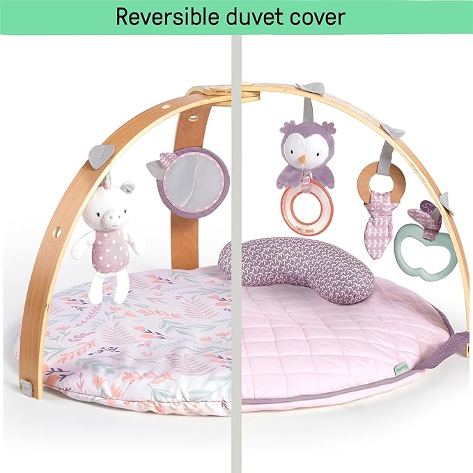 Ingenuity Cozy Spot Reversible Duvet Activity Gym & Play Mat with Wooden-Toy-bar - Calla (Pink), Newborn and up