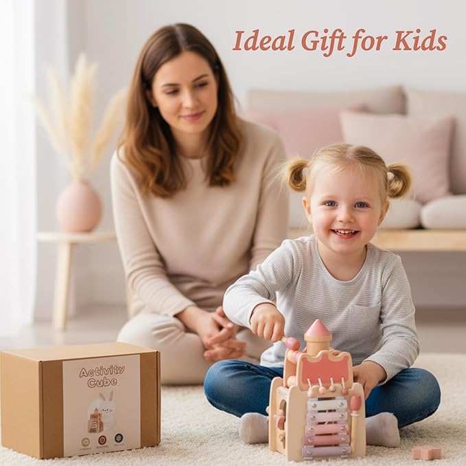 Wooden Montessori Activity Cube for Preschoolers 3-5 Multi-Sensory Learning Toy, Educational and Screen-Free Birthday for Kids