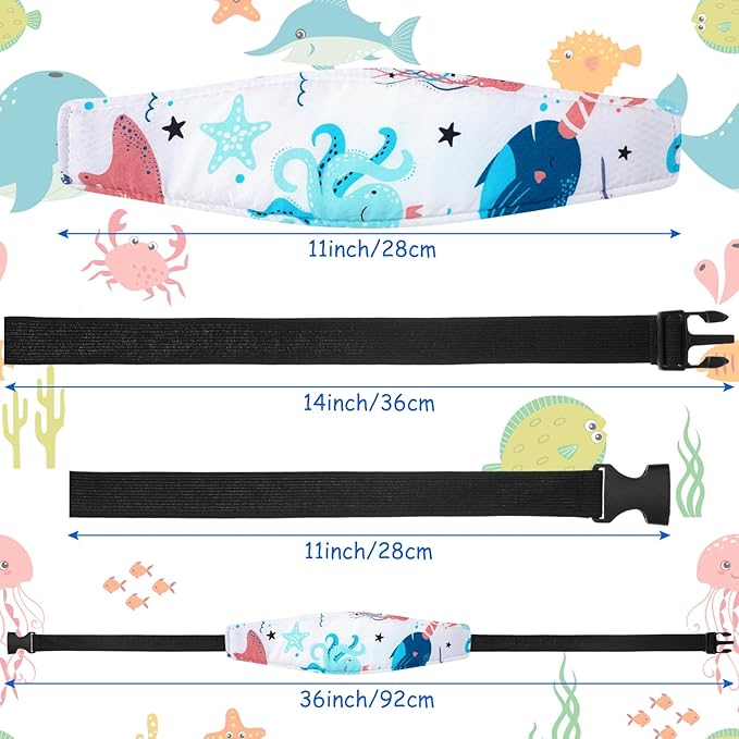 HESTYA 2 Pcs Carseat Head Support Toddler, Stroller Seat Headrest for Sleeping Traveling, Neck Relief Headband Strap for Kids Children Toddler Infant(Ocean Animals)