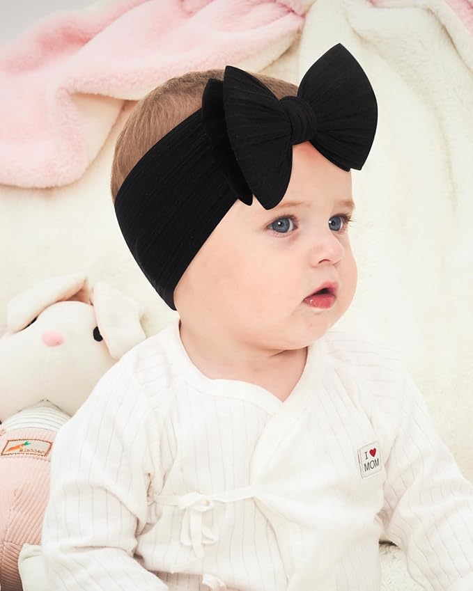 jollybows 3PCS Baby Bows Headbands Soft Nylon Baby Girl Headbands for Newborn Infant Toddler Kids Cute Bow Wide Hairbands Hair Accessories(Black+White+Deep Pink)