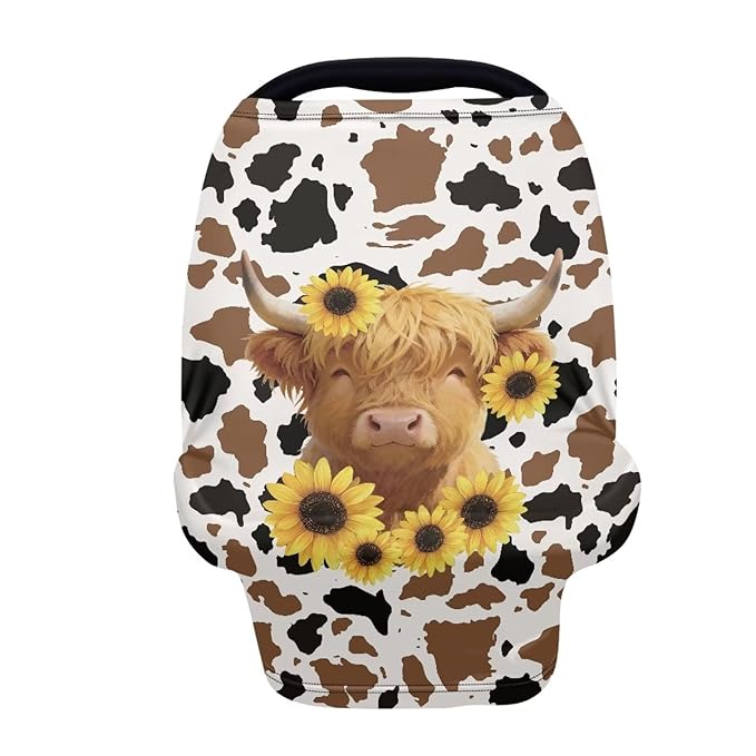 Wanyint Nursing Cover Carseat Canopy Cover Adorable Car Seat Covers for Babies Girls Boys Breathable Nursing Cover for Boys Girls Home Decor, Highland Cow Sunflower Brown Cow Print