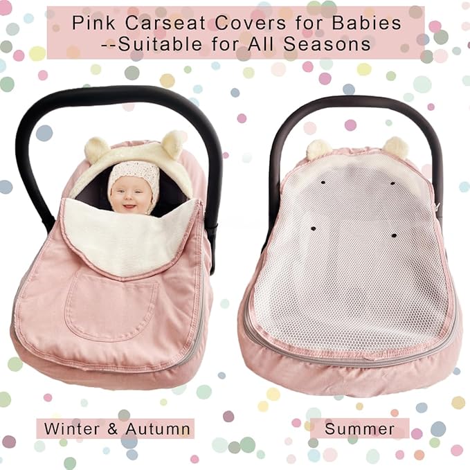 Car Seat Covers for Babies,Winter Baby Car Seat Cover Infant Carseat Covers Canopy,Universal Baby Carrier Cover for Girl Boy Carseat,Newborn Shower Gift-Pink