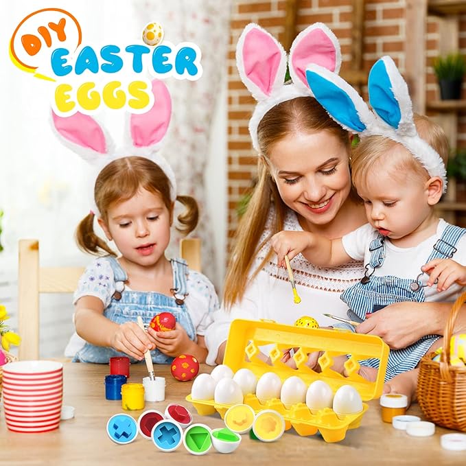 CPSYUB Matching Egg Toy 12 PCS for Toddlers Ages 1-3 Kids, Easter Eggs Shape & Color Recognition with Carton, Montessori Sensory Sorter Toddler Toys for Travel Play, Gifts for Year Old Baby (Yellow)