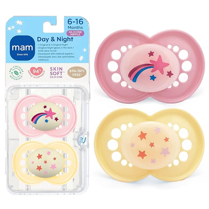 MAM Original Baby Pacifiers 6-16 Months, Binky for Newborn Babies, BPA-Free Skin Soft Silicone Nipple, Glows in The Dark, Developed with Medical Experts, 2 Count, Sterilizer Case, Made in Europe
