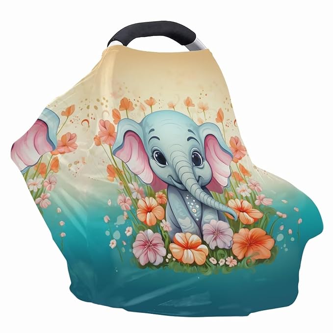 ZFRXIGN Flower Elephant Baby Car Seat Covers, Nursing Cover Breastfeeding Scarf Cartoon Cute Stretchy Coverage, Infant Stroller Cover for Boys Girls