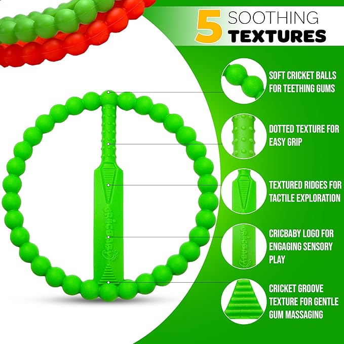 Cricket Baby Teether | 2 Pack Cricket Bat & Ball Shape | Soft Silicone Teething Toy for Babies 0-9 Months | Easy to Hold with 5 Teething Textures | Grass Green & Cherry Red | Certified Safe