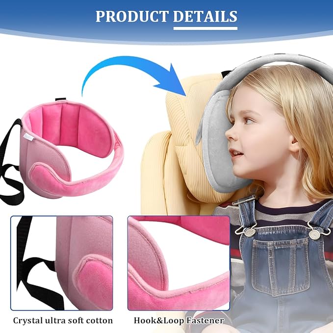 Car Seat Head Support, Soft Comfortable Adjustable Seat Neck Relief Support Band for Sleeping Kids, Automotive Headrest Holder Strap for Toddler Children Infant, Universal Fit (Pink)