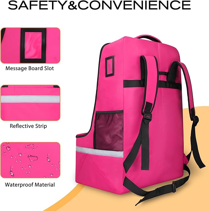 LARIPOP Car Seat Travel Bag for Airplane, Universal Gate Check Car Seat Bag, Padded Backpack with Waist Belt, Reflective Strips & Protective Feet, Fits Infant Convertible Booster Seats, Pink
