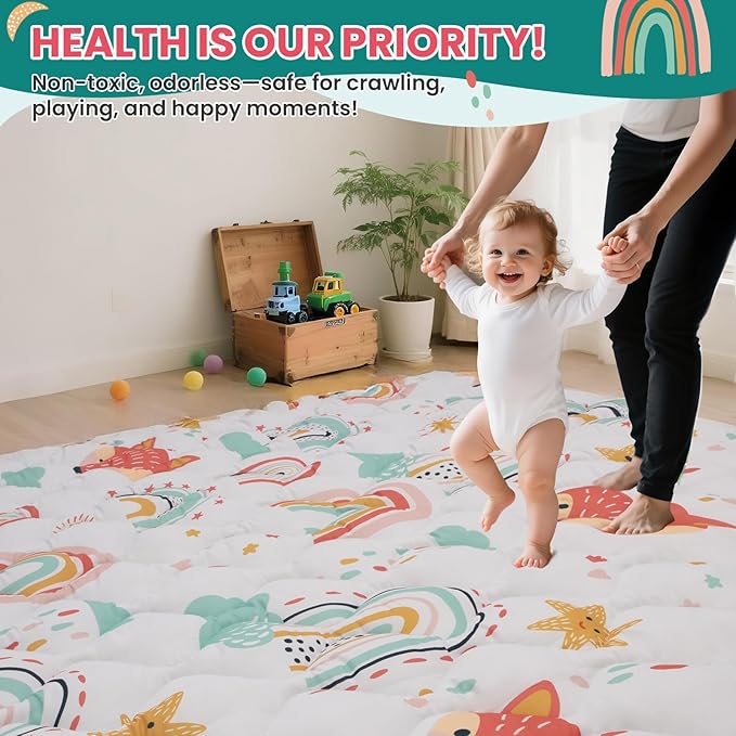 Baby Play Mat for Floor,71x59 Inch Soft Padding Crawling Mat for Playpen, Foldable and Machine Washable, Thick for Babies & Toddlers,Rainbow Fox