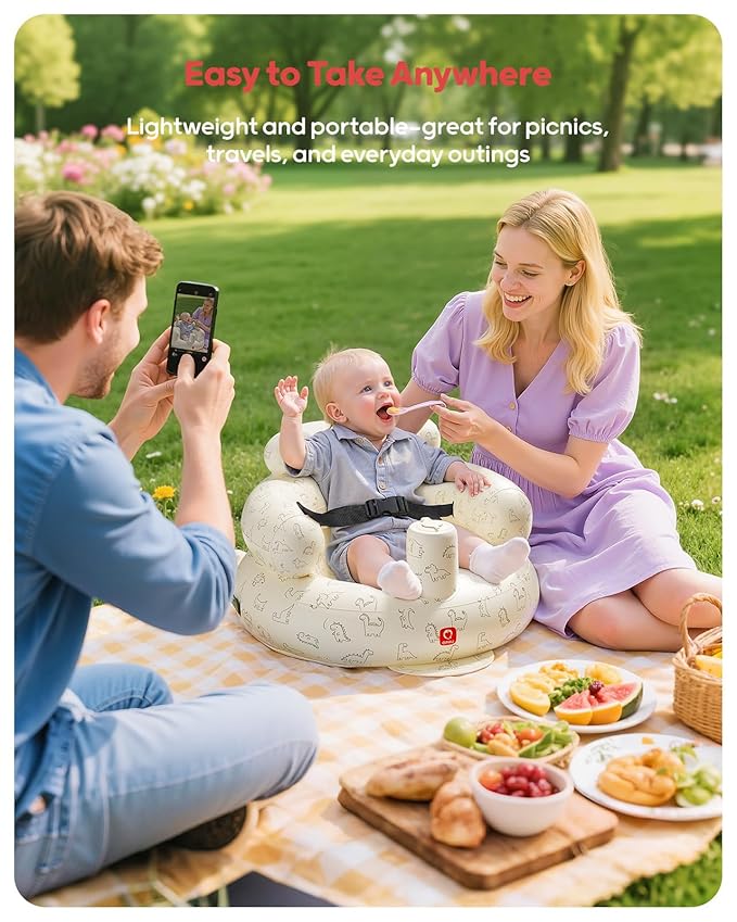 QPAU Inflatable Baby Seat with Safety Harness for Babies 3 Months & Up, Baby Floor Seats for Active Play, Blow Up Baby Chair with Built in Air Pump (Dinosaur)
